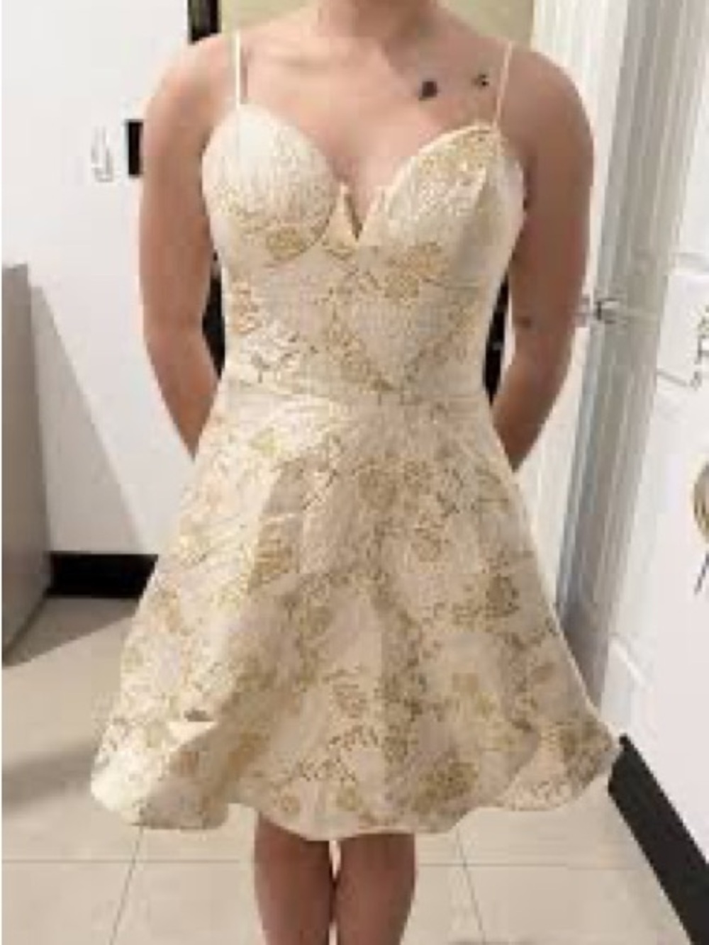 Ivory and Gold Lace Fit-and-Flare Dress